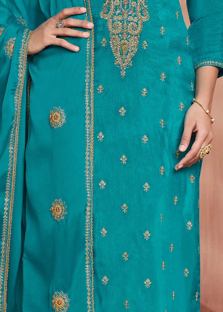 Cerulean Blue Dola Silk Straight Kurta Set with Embroidered work