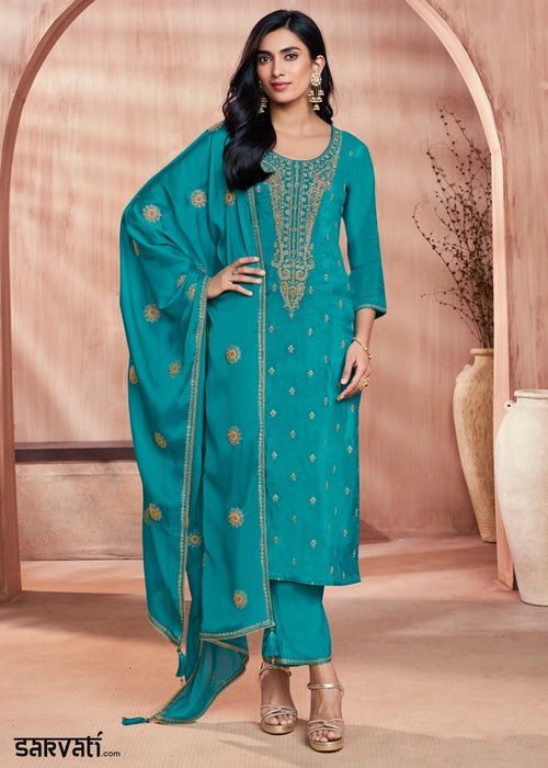 Cerulean Blue Dola Silk Straight Kurta Set with Embroidered work