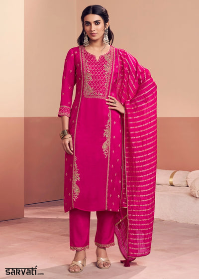 Deep Pink Dola Silk Straight Kurta Set with Embroidered work