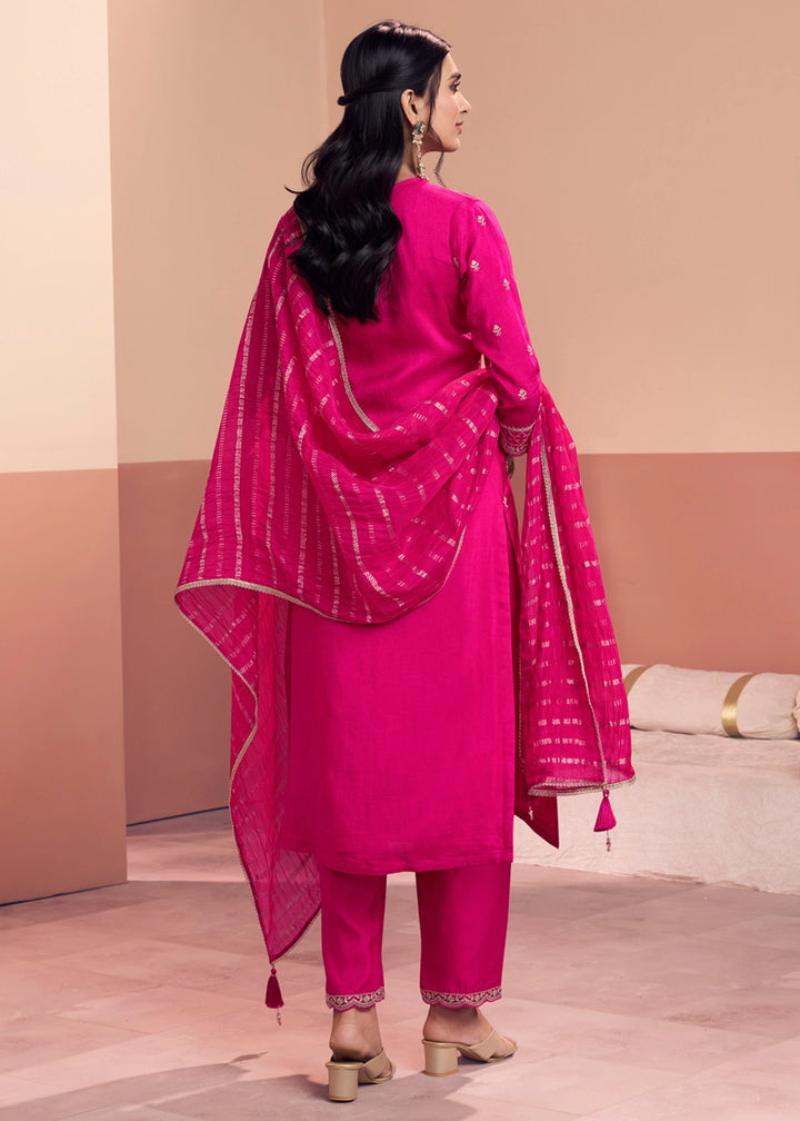 Deep Pink Dola Silk Straight Kurta Set with Embroidered work
