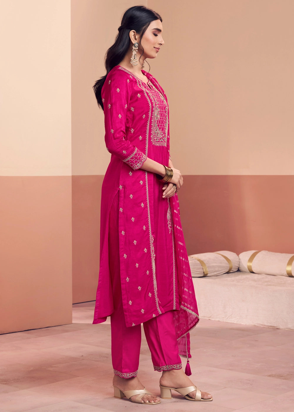 Deep Pink Dola Silk Straight Kurta Set with Embroidered work