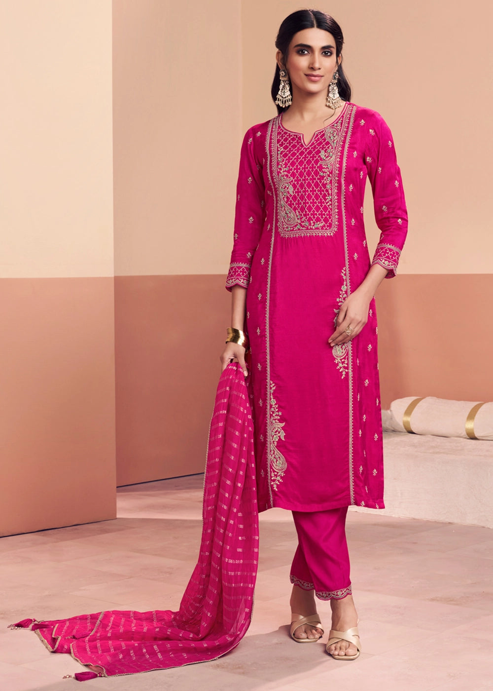 Deep Pink Dola Silk Straight Kurta Set with Embroidered work