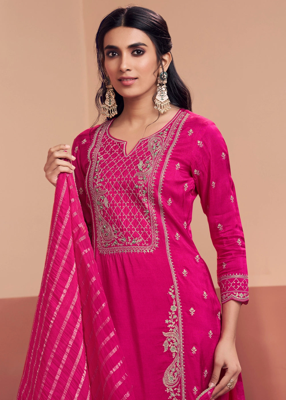 Deep Pink Dola Silk Straight Kurta Set with Embroidered work