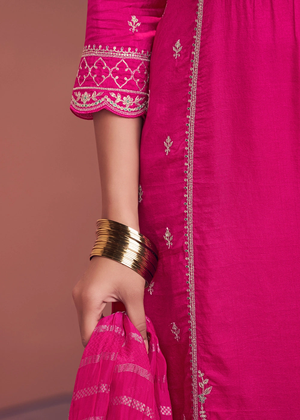 Deep Pink Dola Silk Straight Kurta Set with Embroidered work