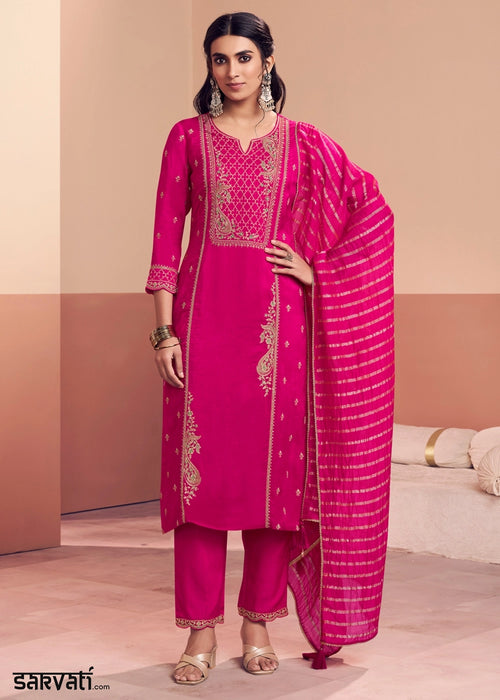Deep Pink Dola Silk Straight Kurta Set with Embroidered work