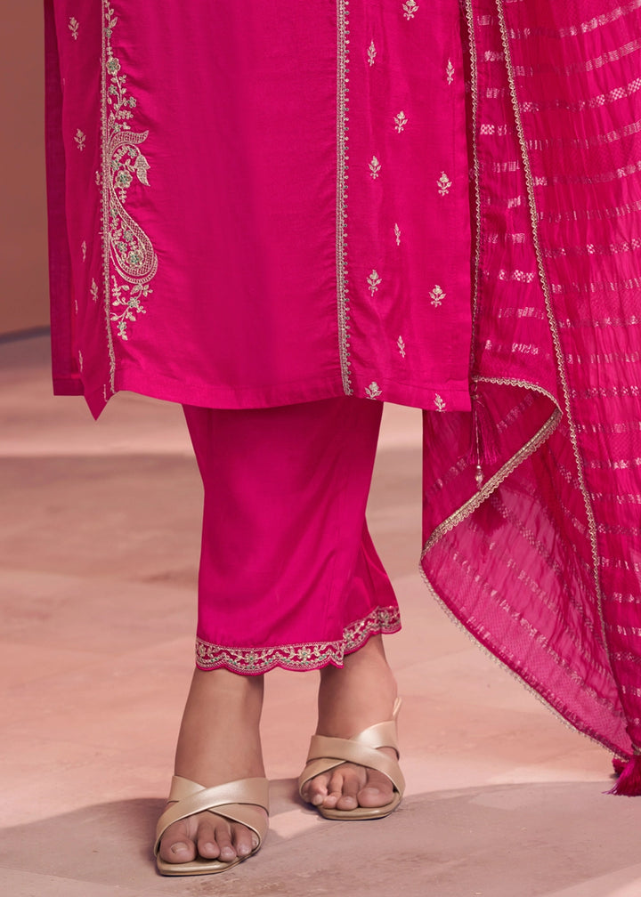Deep Pink Dola Silk Straight Kurta Set with Embroidered work