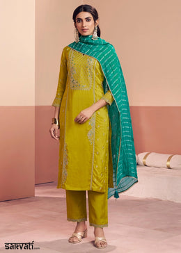 Chartreuse Green Dola Silk Straight Kurta Set with Embroidered work
