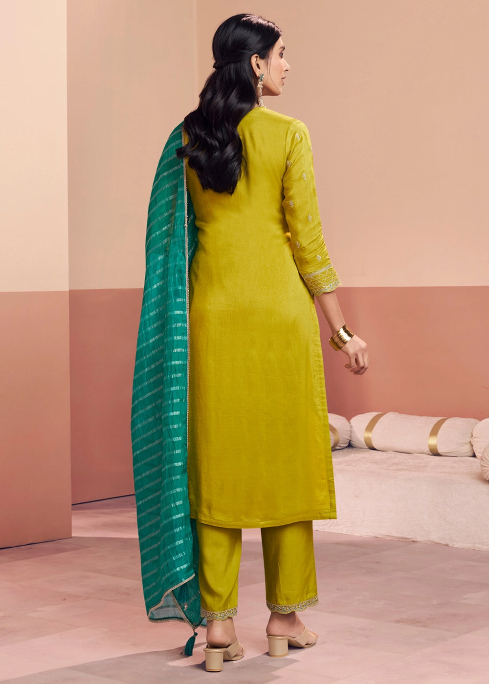 Chartreuse Green Dola Silk Straight Kurta Set with Embroidered work