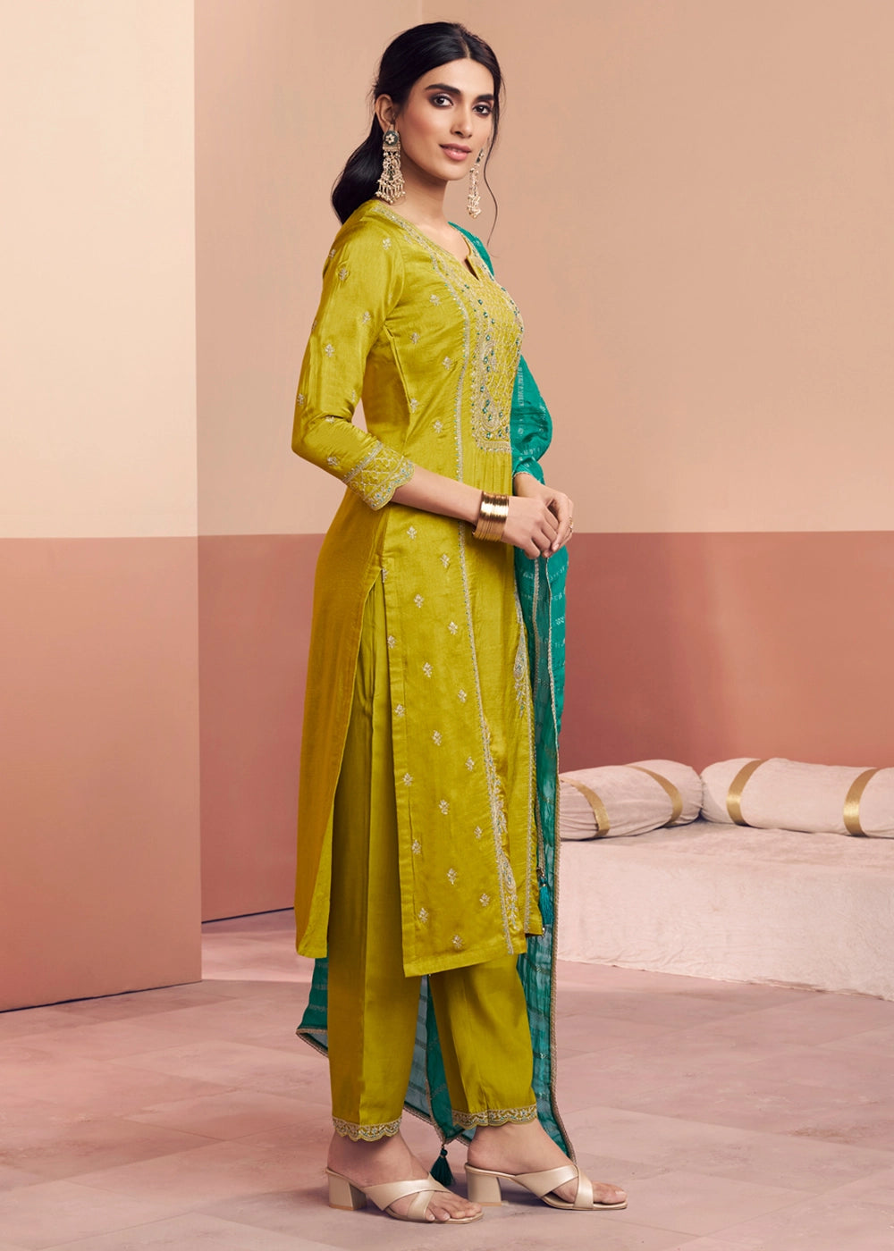 Chartreuse Green Dola Silk Straight Kurta Set with Embroidered work