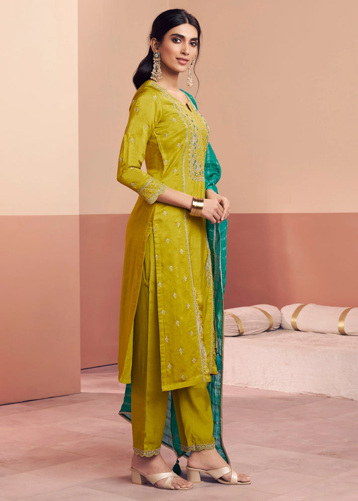 Chartreuse Green Dola Silk Straight Kurta Set with Embroidered work