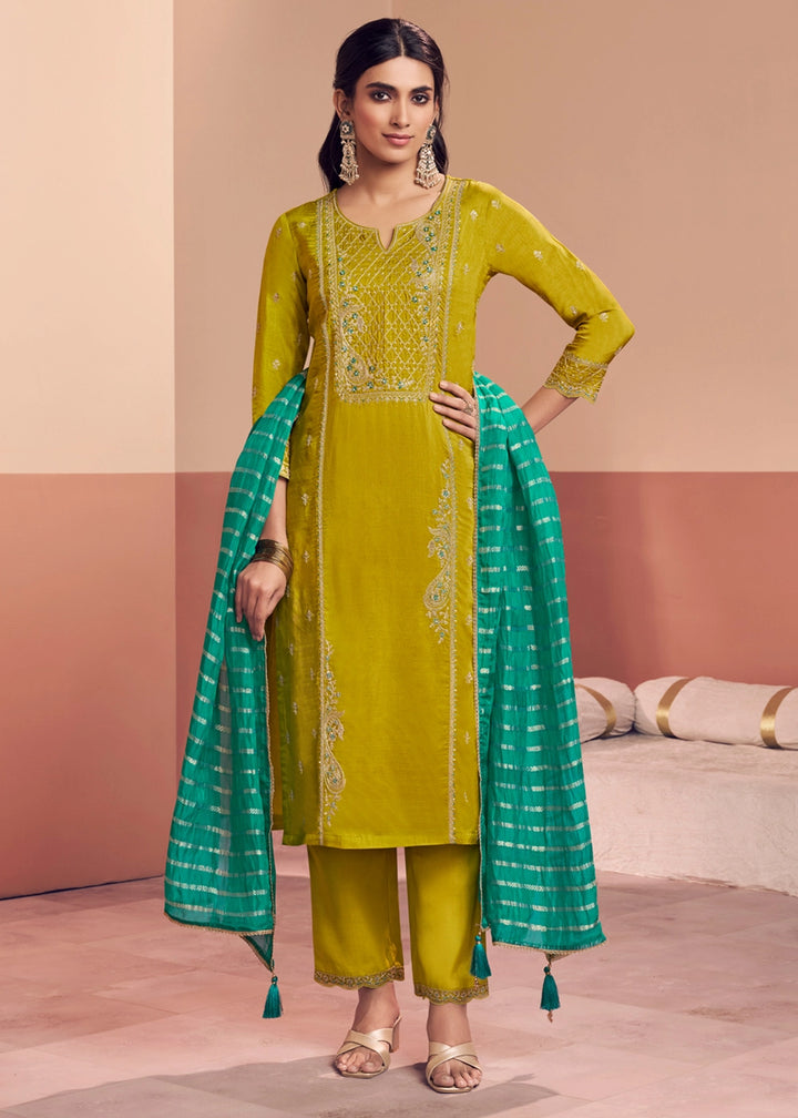 Chartreuse Green Dola Silk Straight Kurta Set with Embroidered work