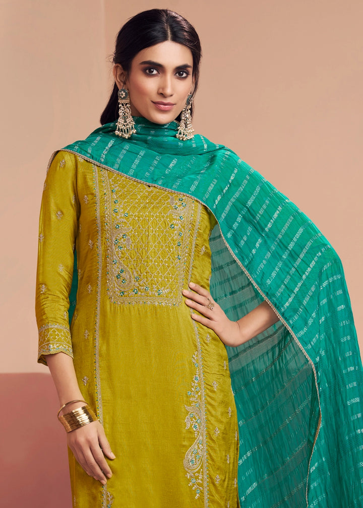 Chartreuse Green Dola Silk Straight Kurta Set with Embroidered work