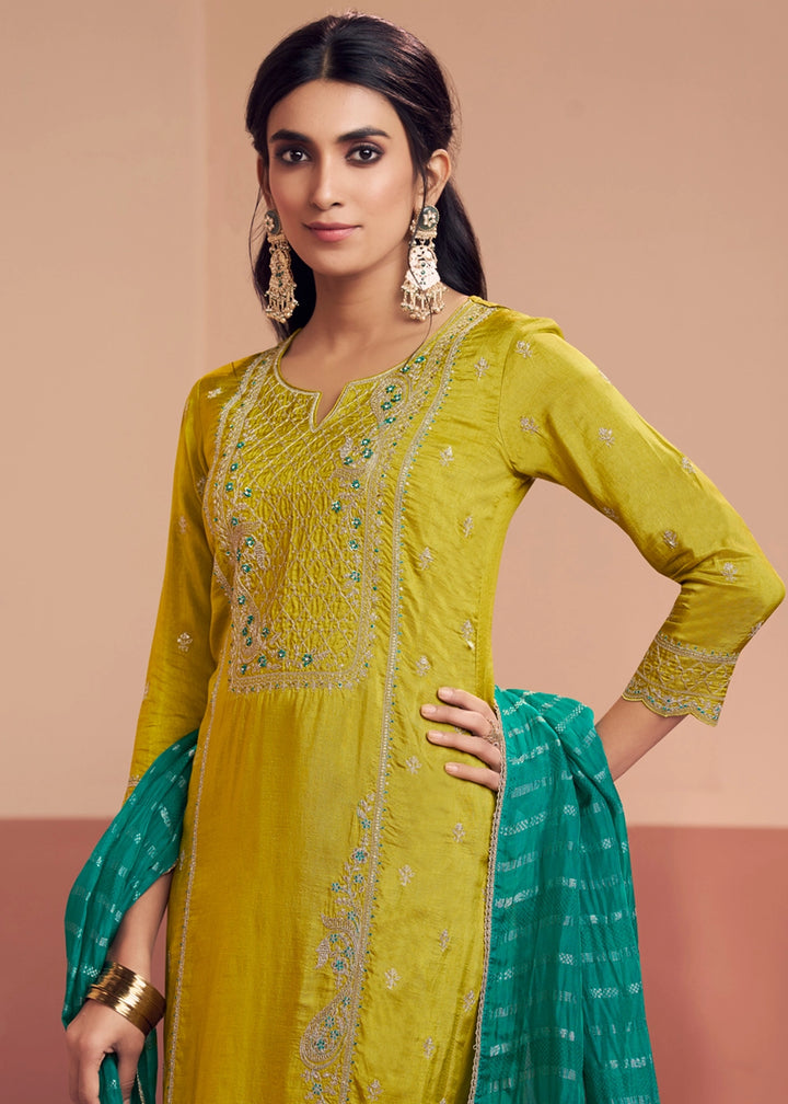 Chartreuse Green Dola Silk Straight Kurta Set with Embroidered work
