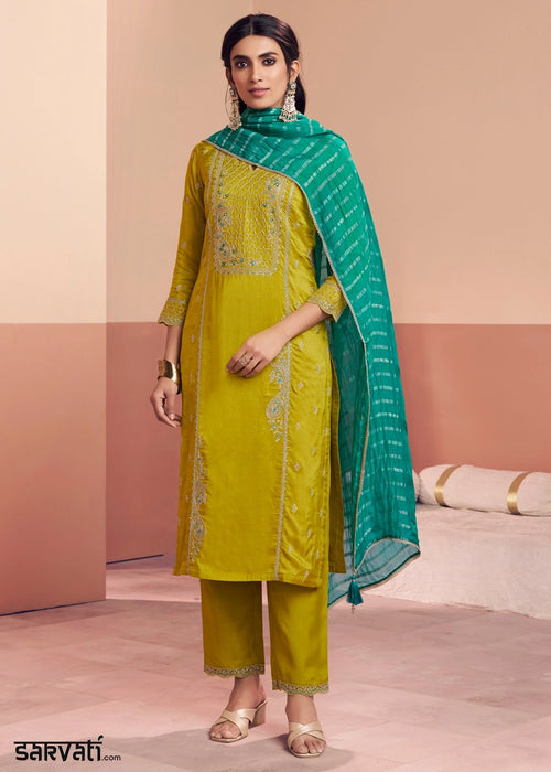 Chartreuse Green Dola Silk Straight Kurta Set with Embroidered work
