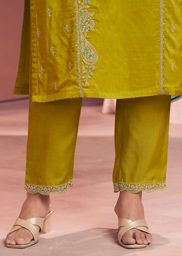 Chartreuse Green Dola Silk Straight Kurta Set with Embroidered work
