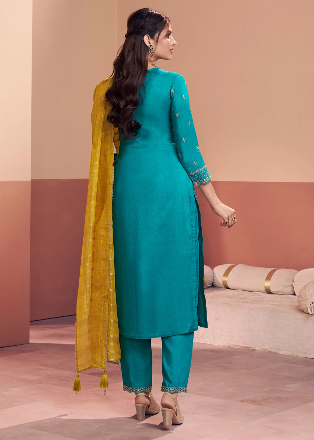 Capri Blue Dola Silk Straight Kurta Set with Embroidered work
