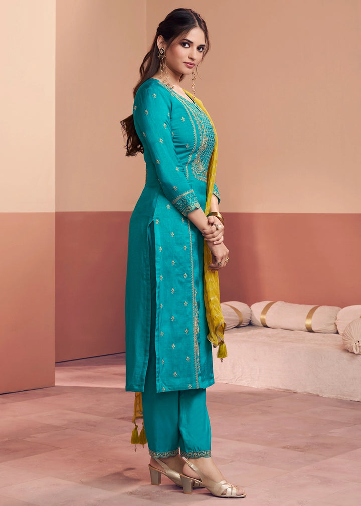 Capri Blue Dola Silk Straight Kurta Set with Embroidered work
