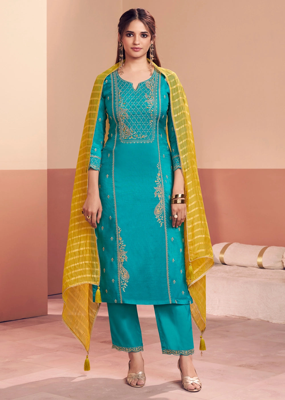 Capri Blue Dola Silk Straight Kurta Set with Embroidered work