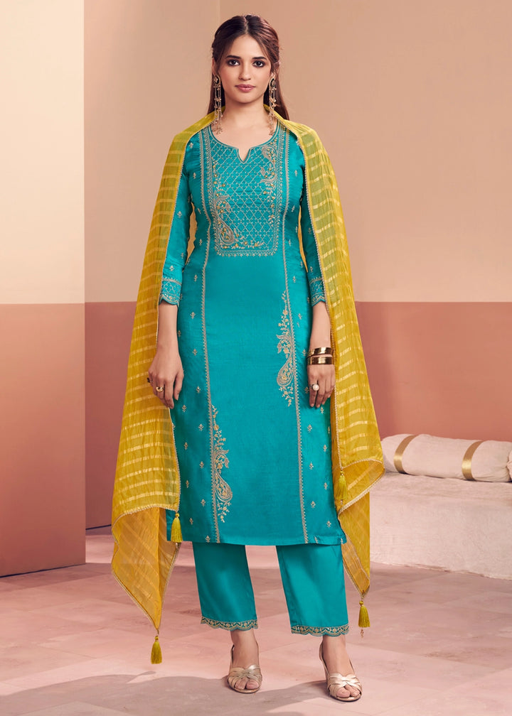 Capri Blue Dola Silk Straight Kurta Set with Embroidered work