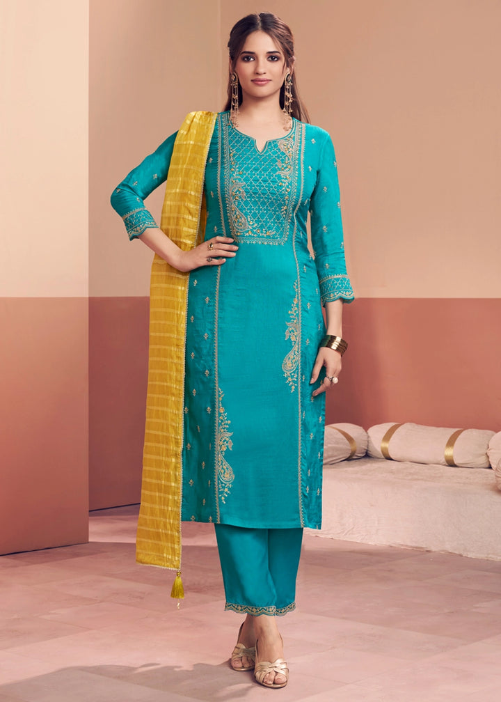 Capri Blue Dola Silk Straight Kurta Set with Embroidered work