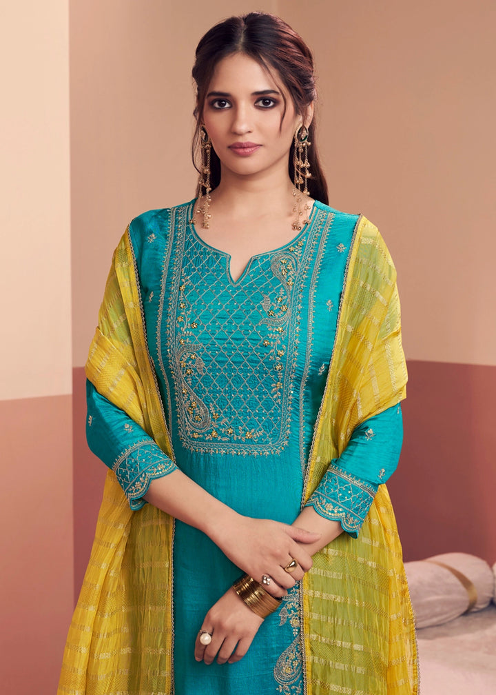 Capri Blue Dola Silk Straight Kurta Set with Embroidered work