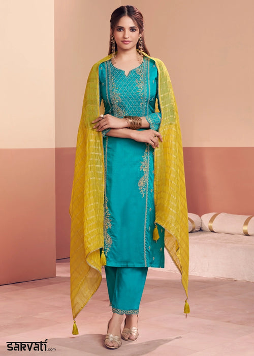 Capri Blue Dola Silk Straight Kurta Set with Embroidered work