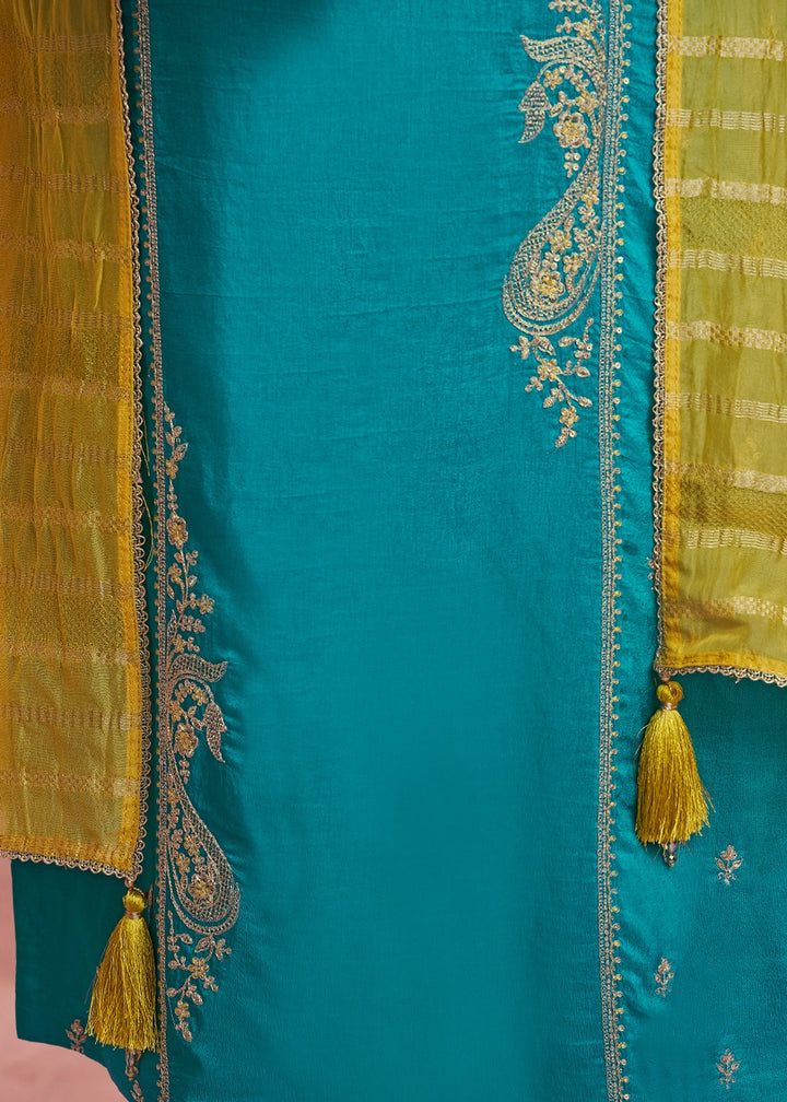Capri Blue Dola Silk Straight Kurta Set with Embroidered work