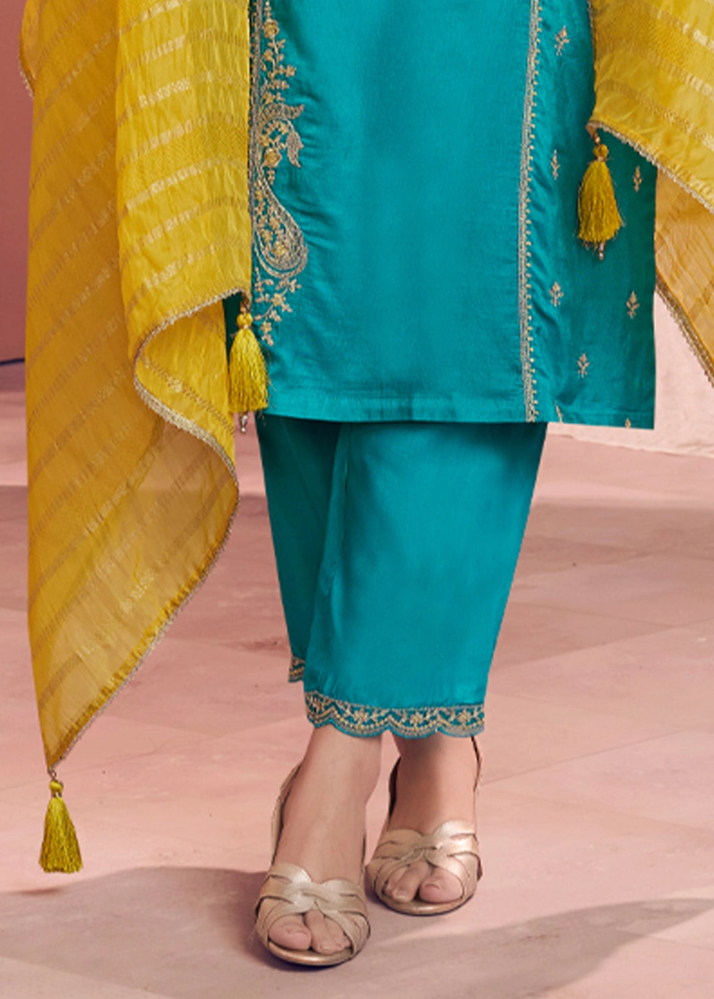 Capri Blue Dola Silk Straight Kurta Set with Embroidered work