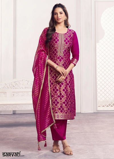 Purple Jacquard Straight Kurta With Dyed Trousers And Jacquard Dupatta