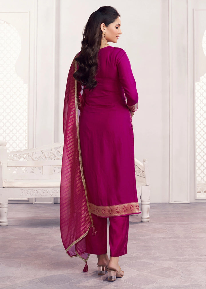 Purple Jacquard Straight Kurta With Dyed Trousers And Jacquard Dupatta