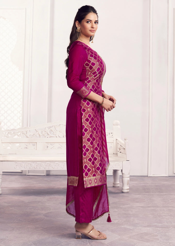 Purple Jacquard Straight Kurta With Dyed Trousers And Jacquard Dupatta
