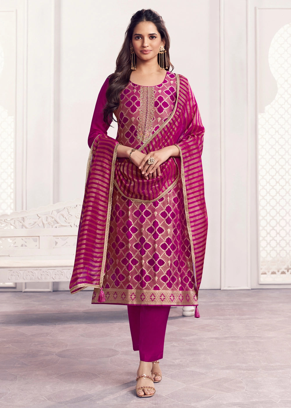 Purple Jacquard Straight Kurta With Dyed Trousers And Jacquard Dupatta