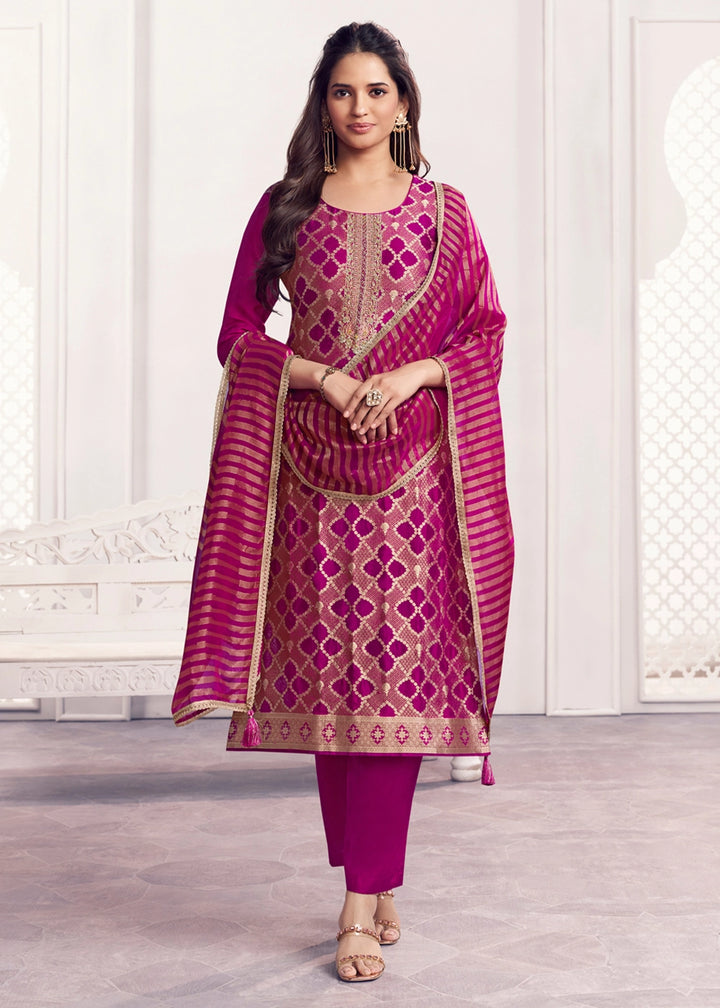 Purple Jacquard Straight Kurta With Dyed Trousers And Jacquard Dupatta
