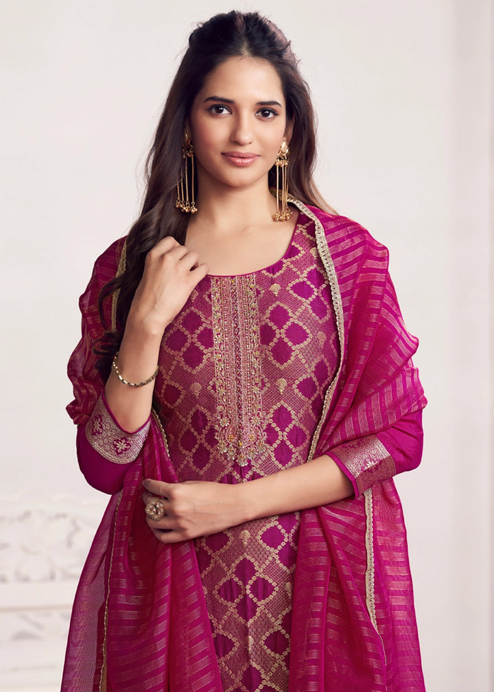 Purple Jacquard Straight Kurta With Dyed Trousers And Jacquard Dupatta