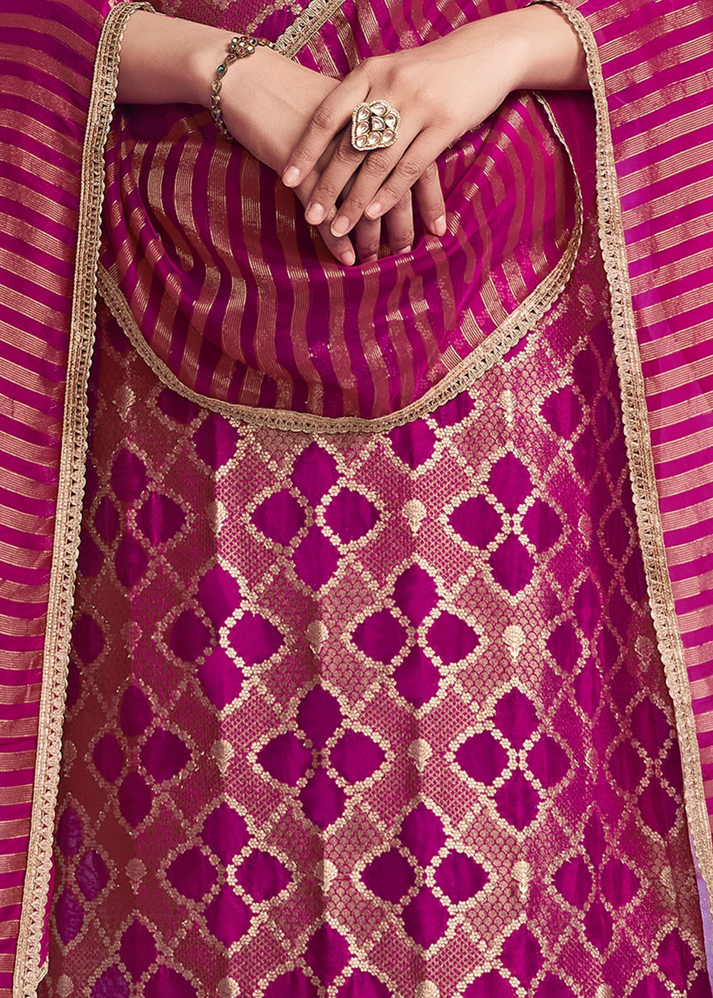 Purple Jacquard Straight Kurta With Dyed Trousers And Jacquard Dupatta