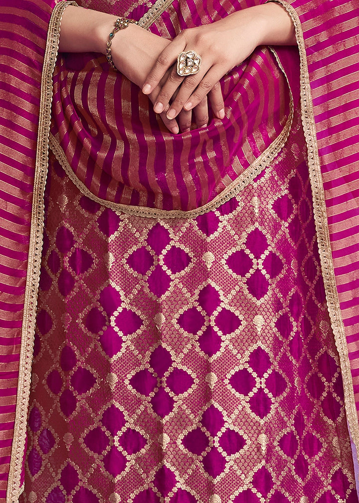 Purple Jacquard Straight Kurta With Dyed Trousers And Jacquard Dupatta