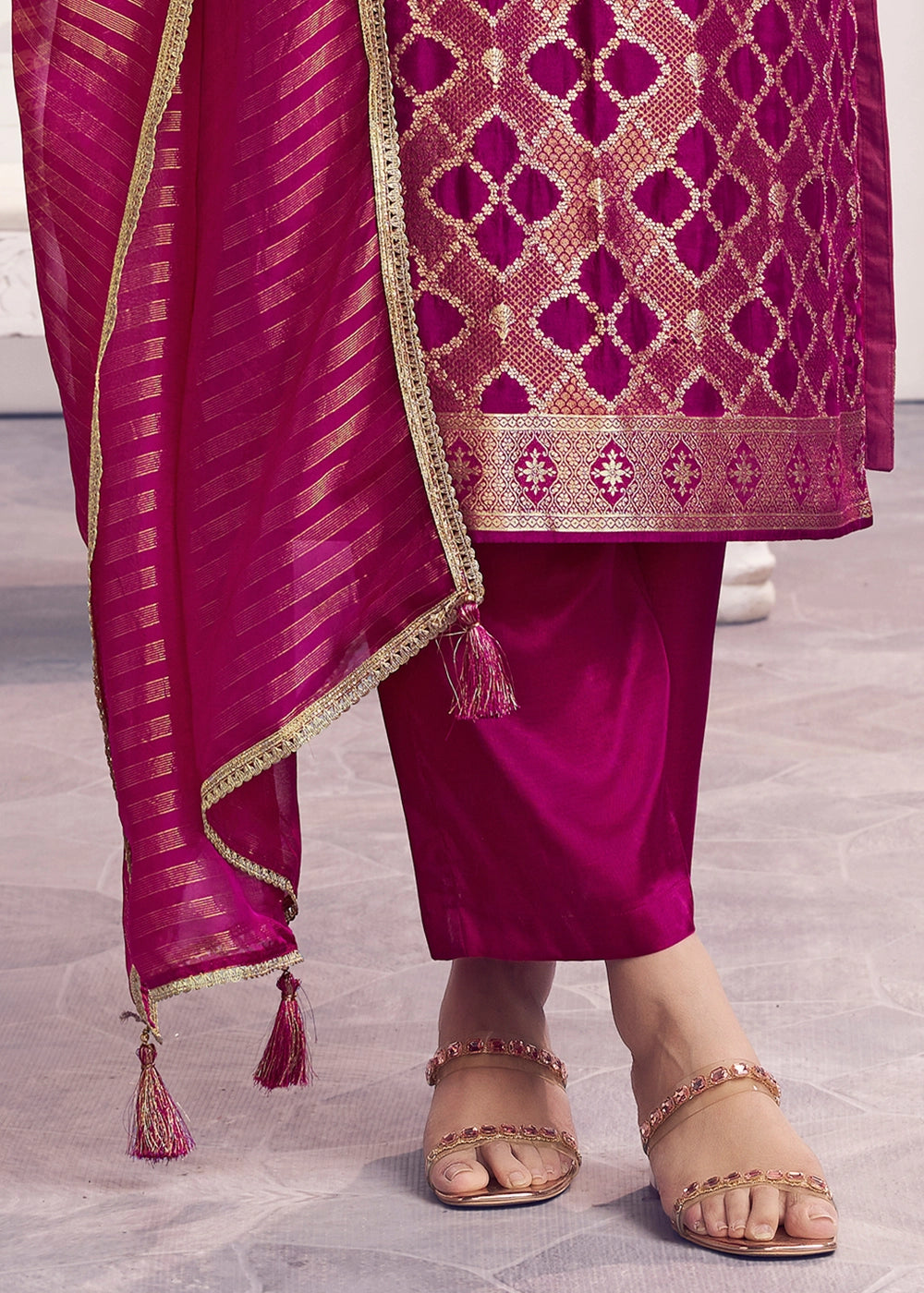 Purple Jacquard Straight Kurta With Dyed Trousers And Jacquard Dupatta