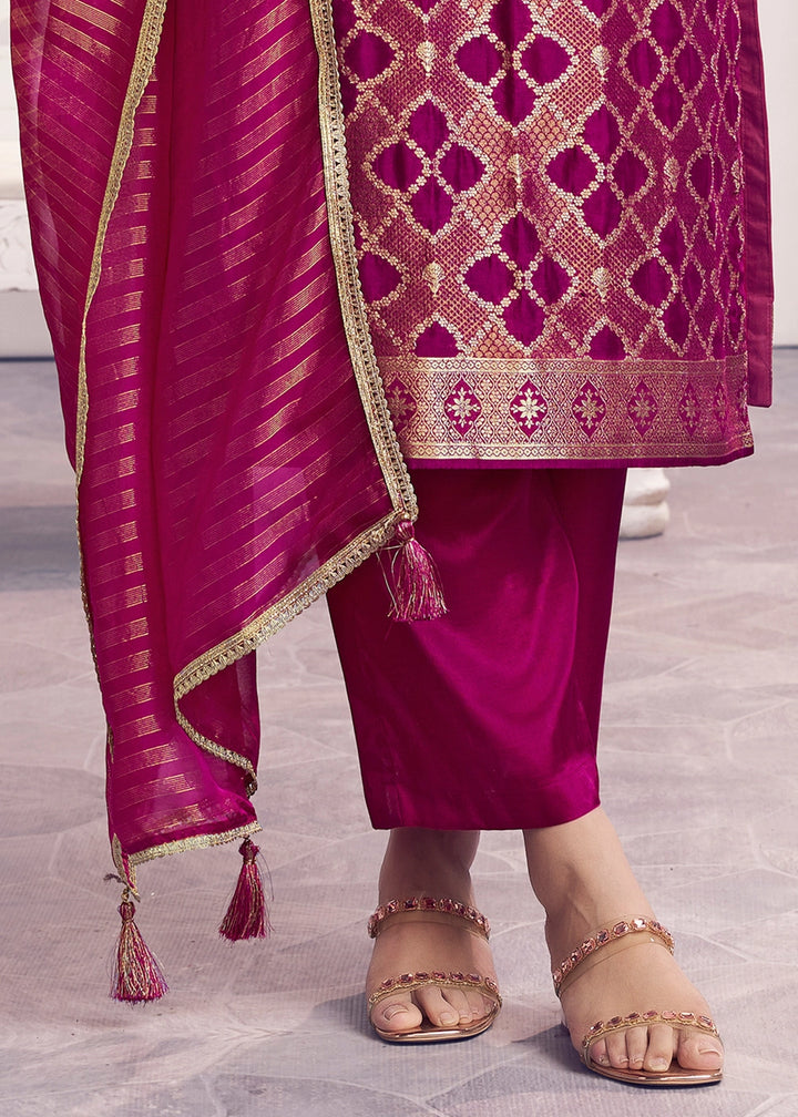 Purple Jacquard Straight Kurta With Dyed Trousers And Jacquard Dupatta