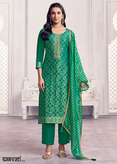 Green Jacquard Straight Kurta With Dyed Trousers And Jacquard Dupatta