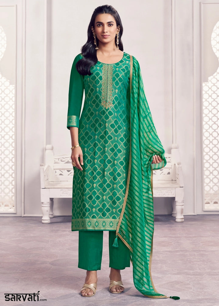 Green Jacquard Straight Kurta With Dyed Trousers And Jacquard Dupatta