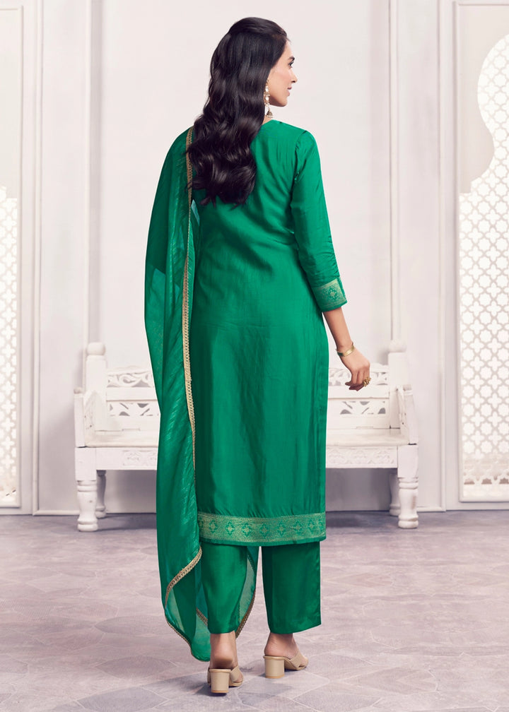 Green Jacquard Straight Kurta With Dyed Trousers And Jacquard Dupatta