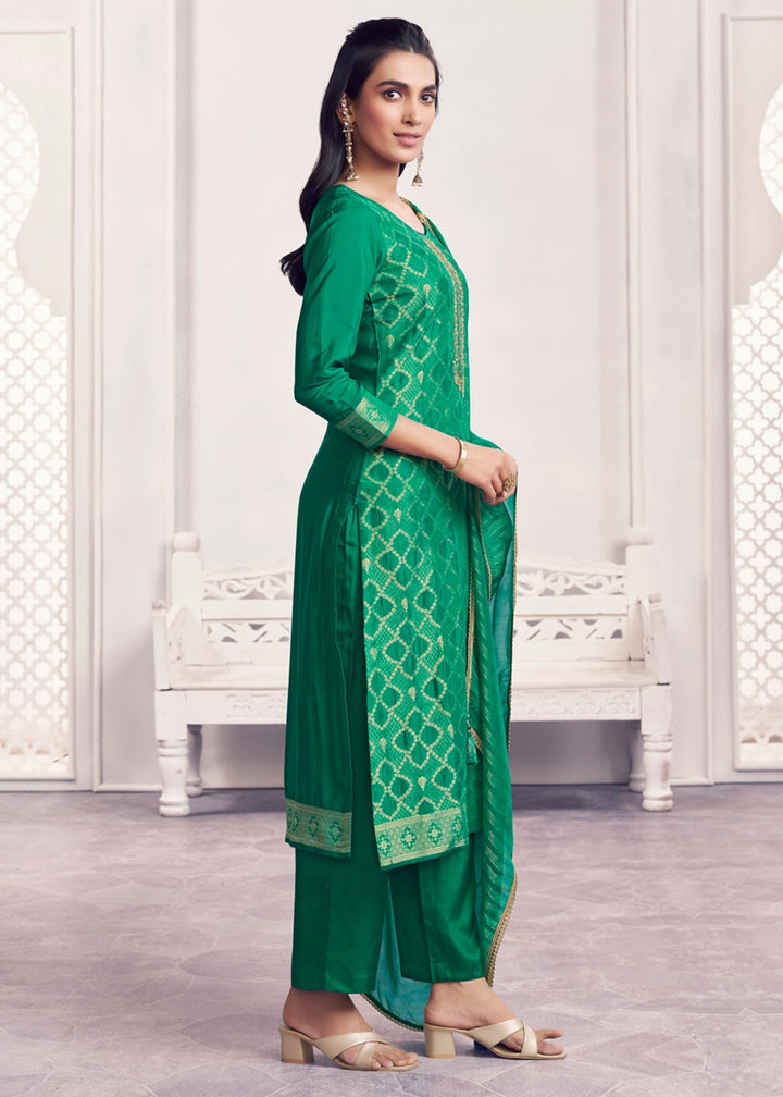Green Jacquard Straight Kurta With Dyed Trousers And Jacquard Dupatta