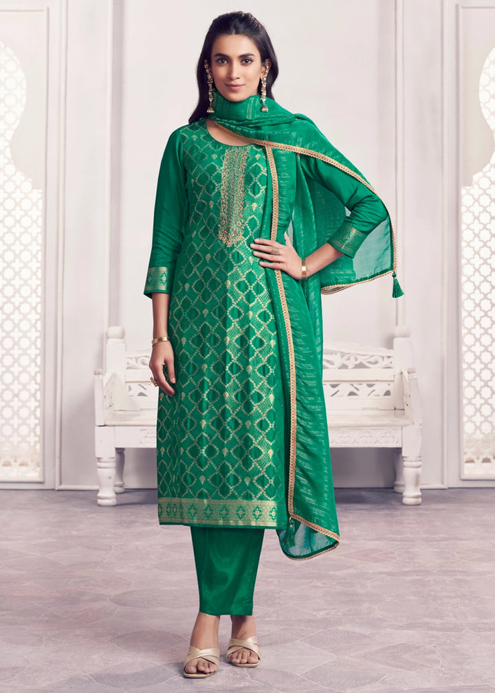 Green Jacquard Straight Kurta With Dyed Trousers And Jacquard Dupatta