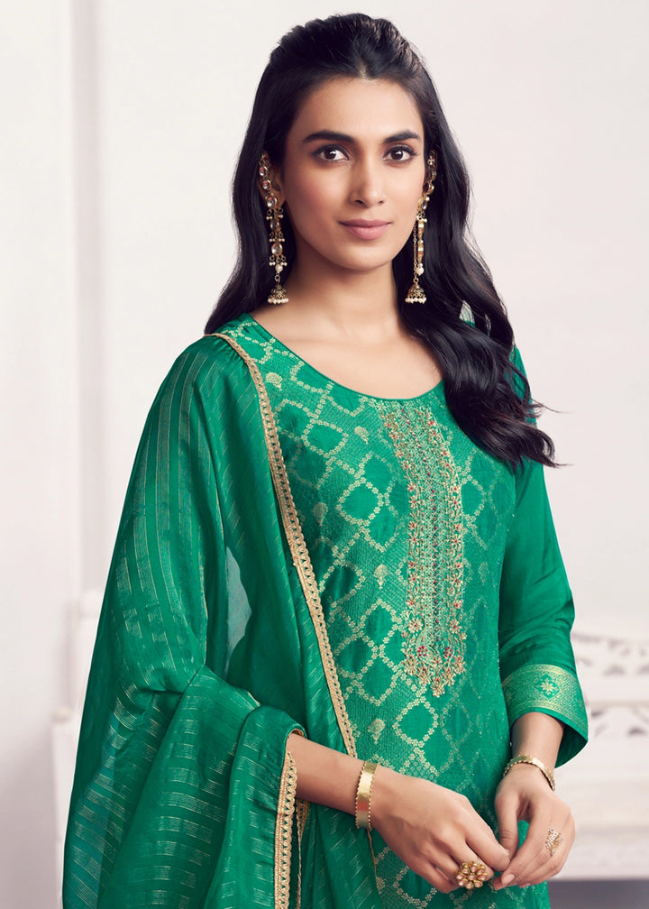 Green Jacquard Straight Kurta With Dyed Trousers And Jacquard Dupatta