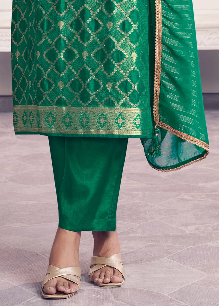 Green Jacquard Straight Kurta With Dyed Trousers And Jacquard Dupatta