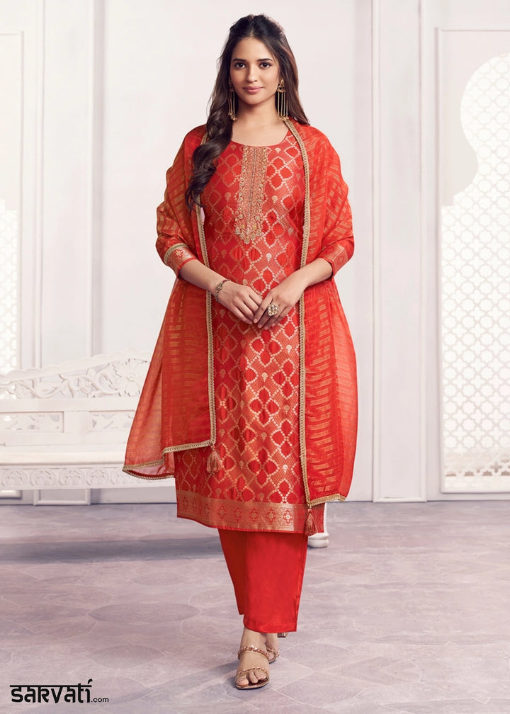 Orange Jacquard Straight Kurta With Dyed Trousers And Jacquard Dupatta