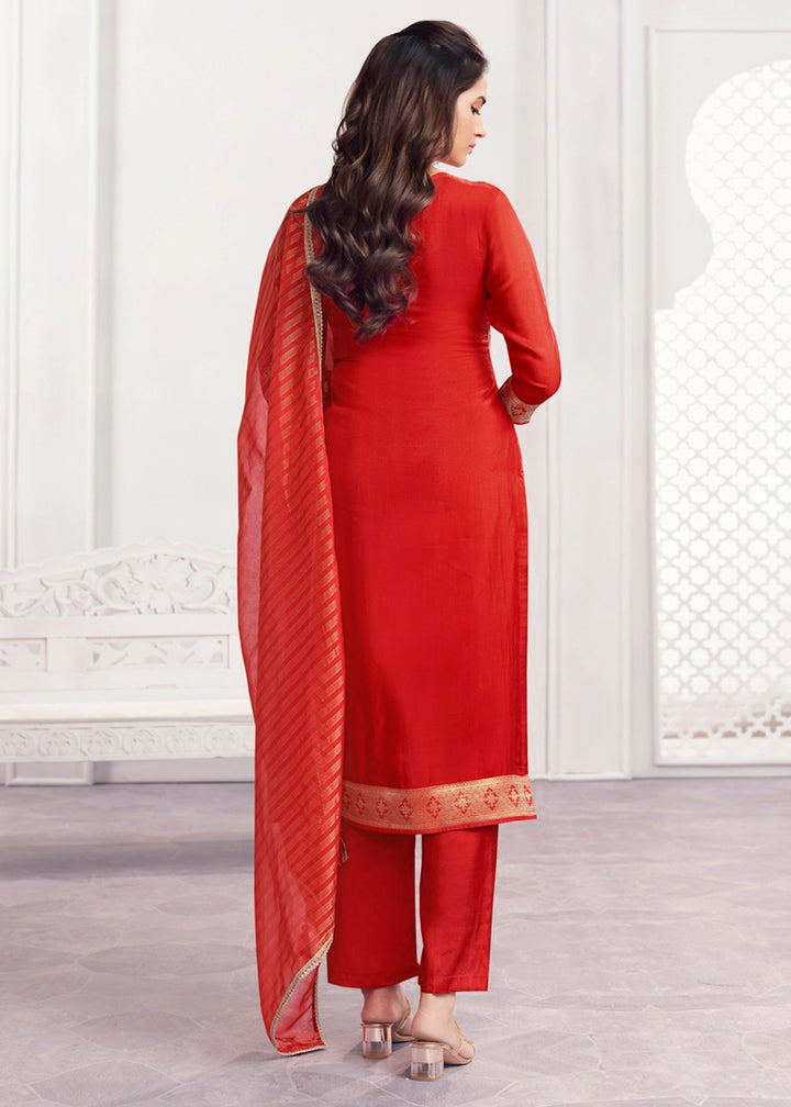 Orange Jacquard Straight Kurta With Dyed Trousers And Jacquard Dupatta