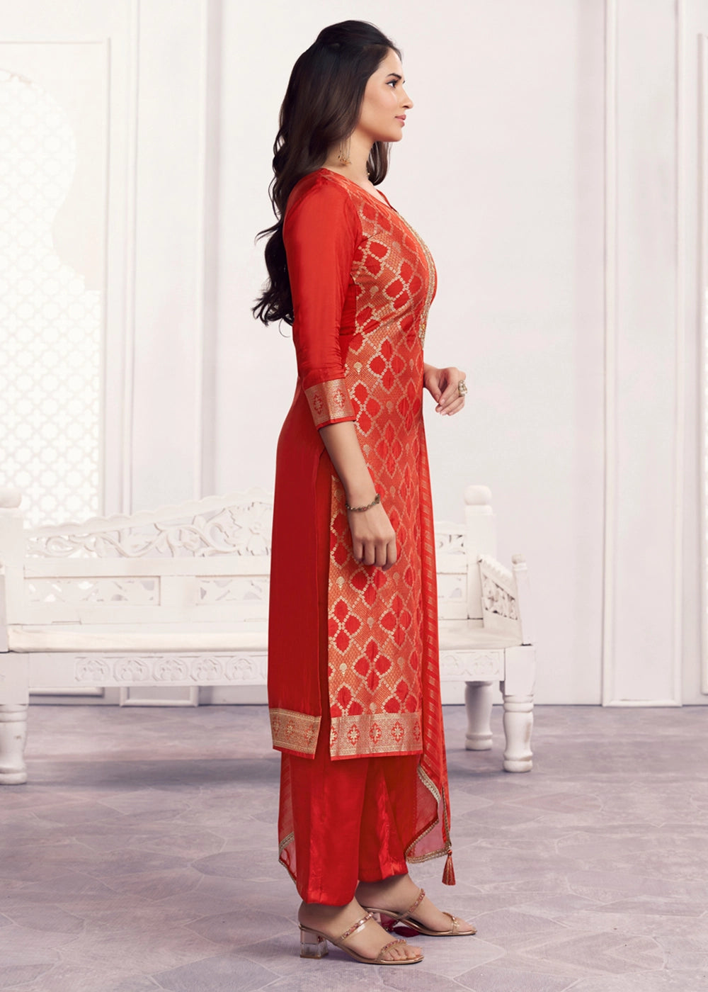 Orange Jacquard Straight Kurta With Dyed Trousers And Jacquard Dupatta