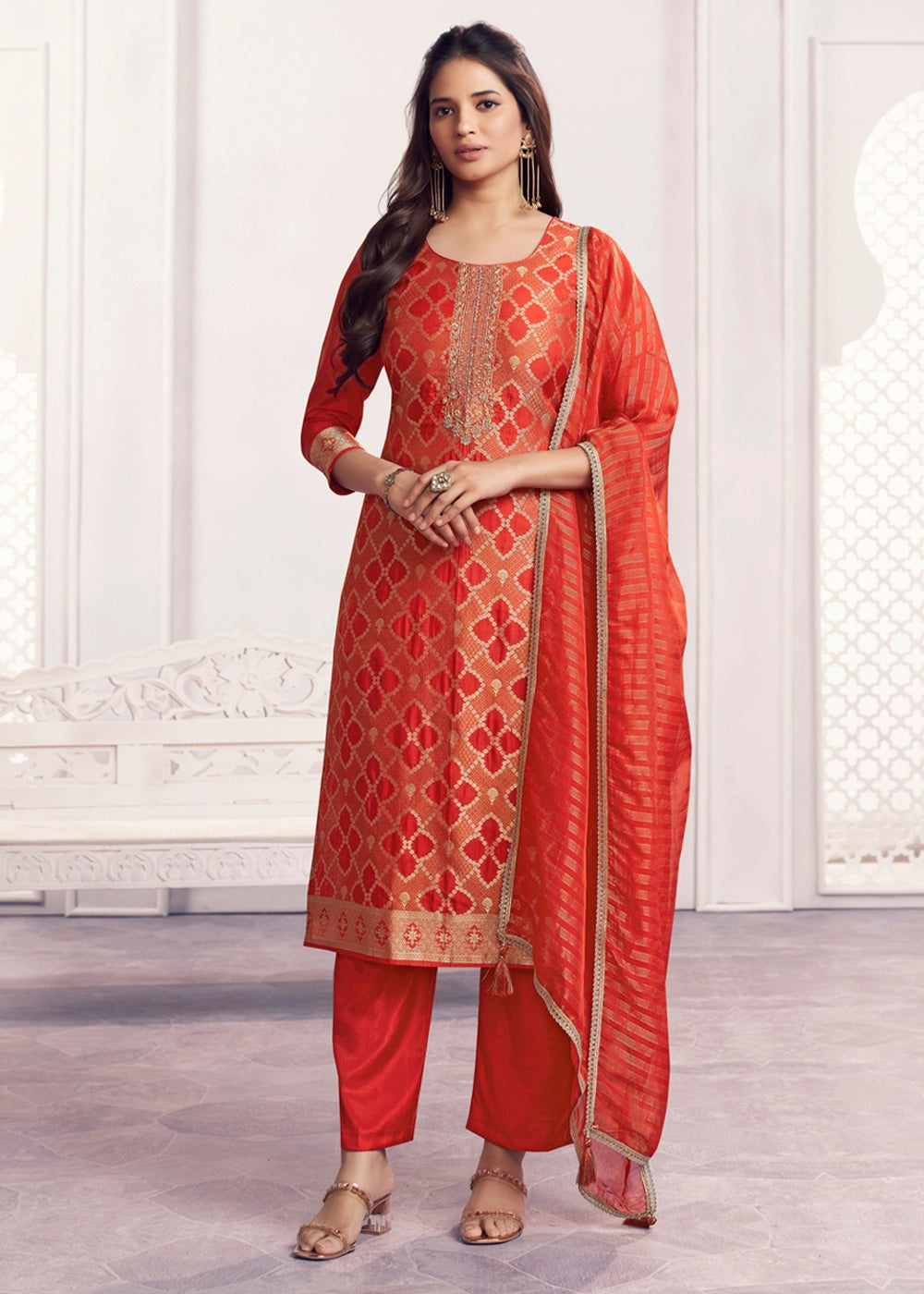 Orange Jacquard Straight Kurta With Dyed Trousers And Jacquard Dupatta