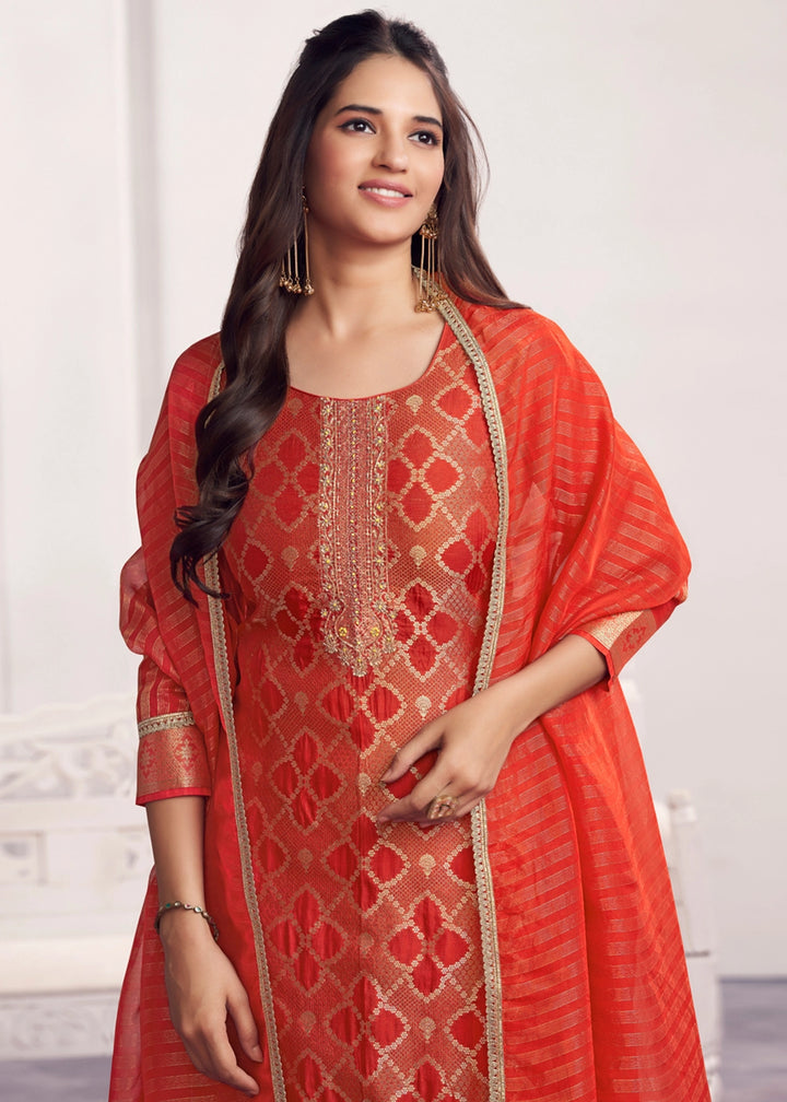 Orange Jacquard Straight Kurta With Dyed Trousers And Jacquard Dupatta
